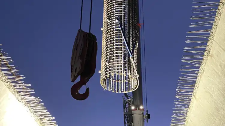 Setting a 29-ton rebar cage on Hwy 50 in Sacramento, CA